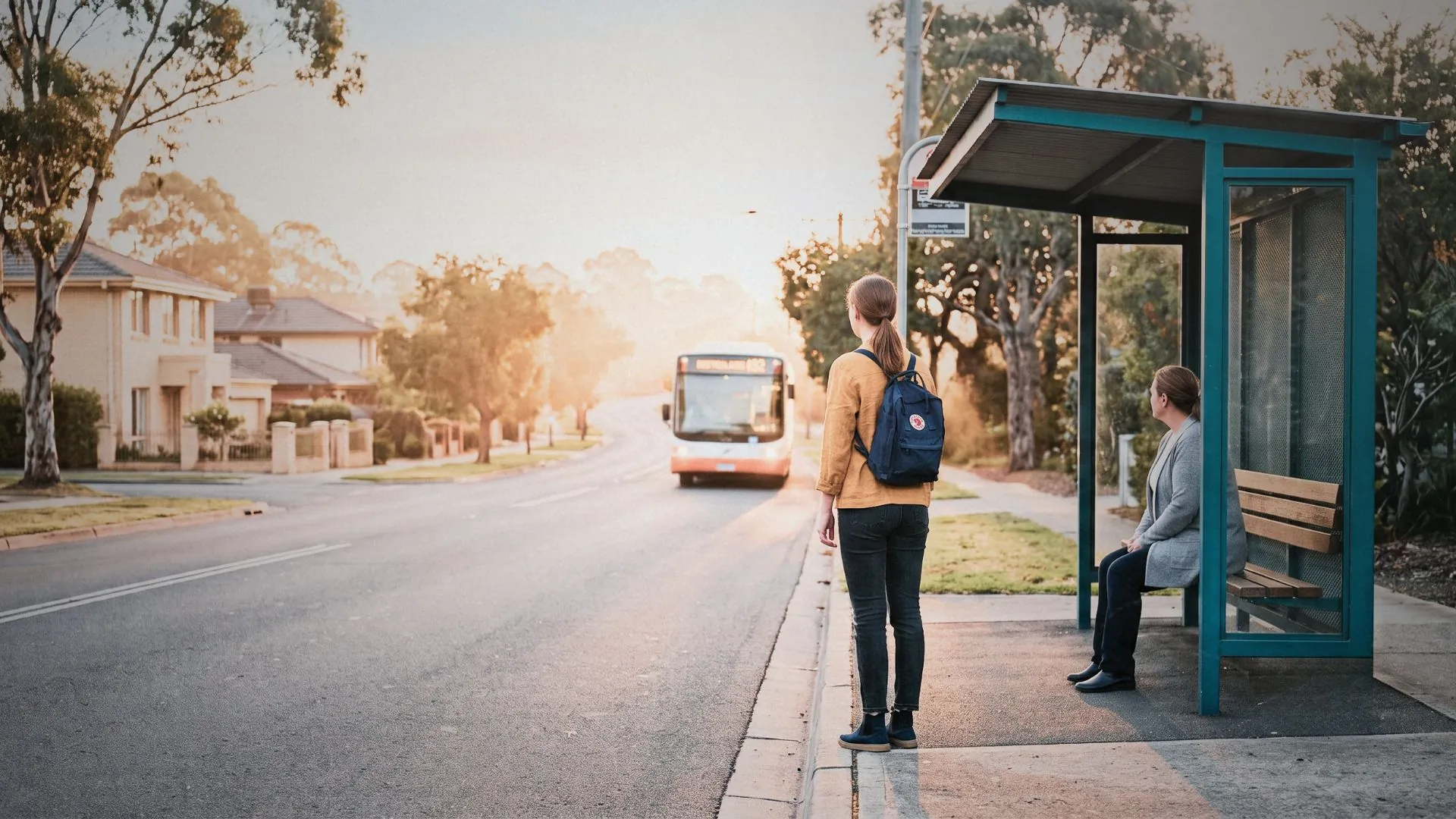 A young woman with a backpack waiting at a suburban bus stop at sunrise as her bus approaches, a support worker standing beside her