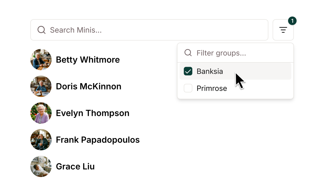 **Groups management** has moved to a dedicated page with full create, edit, and organise capabilities. The sidebar has been simplified to show only Minis, with a new group filter for quick navigation.