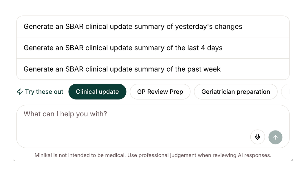 **Prompt recommendations are now action-oriented** with descriptive phrases (e.g., "Generate an SBAR handover summary of yesterday's changes") instead of short labels, making it clearer what each prompt does.