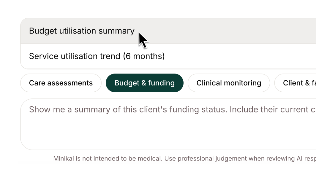 **New prompt recommendations for Support at Home and NDIS workspaces**, including a fortnightly family progress report template for generating structured family communications covering health, goals, incidents, and community activities.