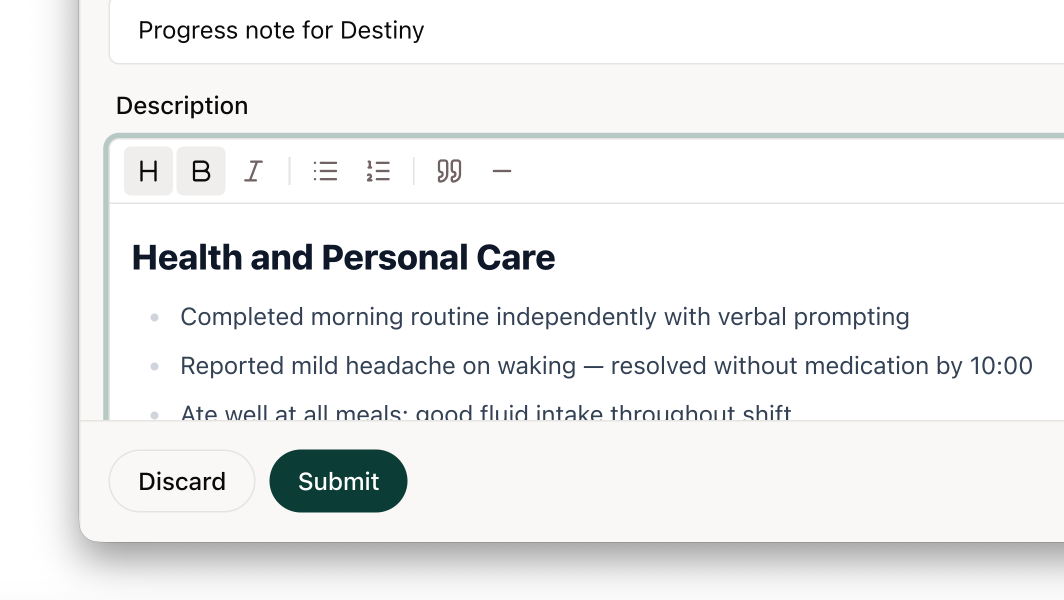 **Rich text editor for records** — supports headings, bold, italic, lists, and Markdown shortcuts. Records in the timeline and citations now render with rich formatting.