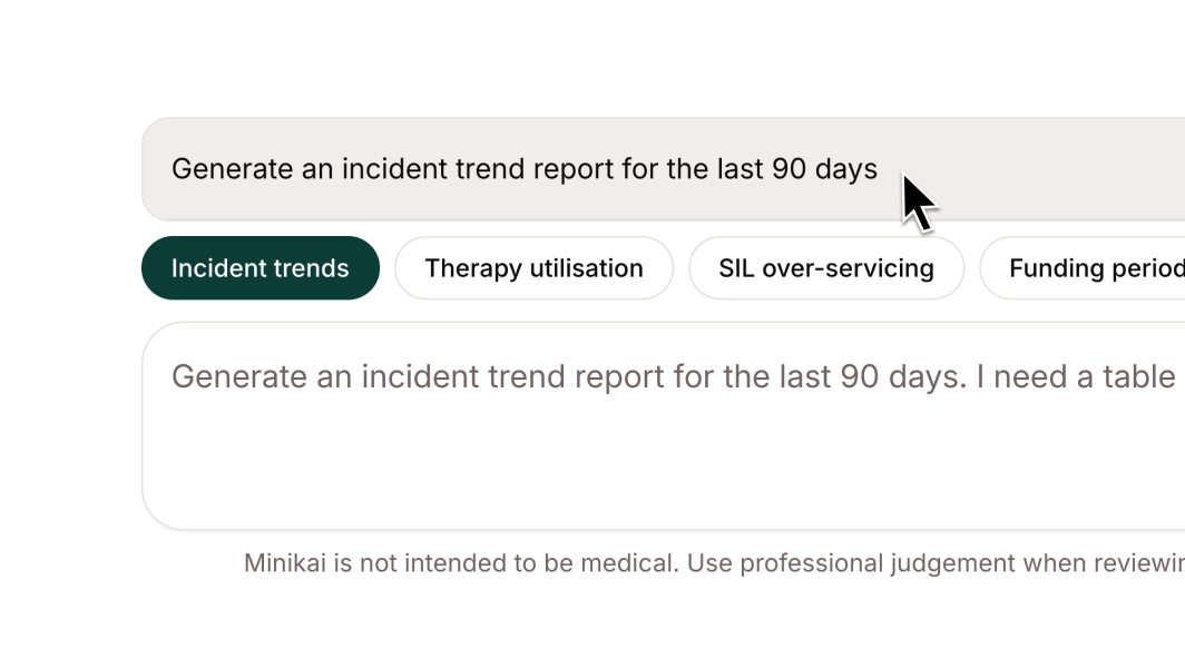 **New NDIS workspace prompt recommendations** help you analyse incident trends, therapy utilisation, SIL over-servicing, compliance audits, and weekly operational summaries.