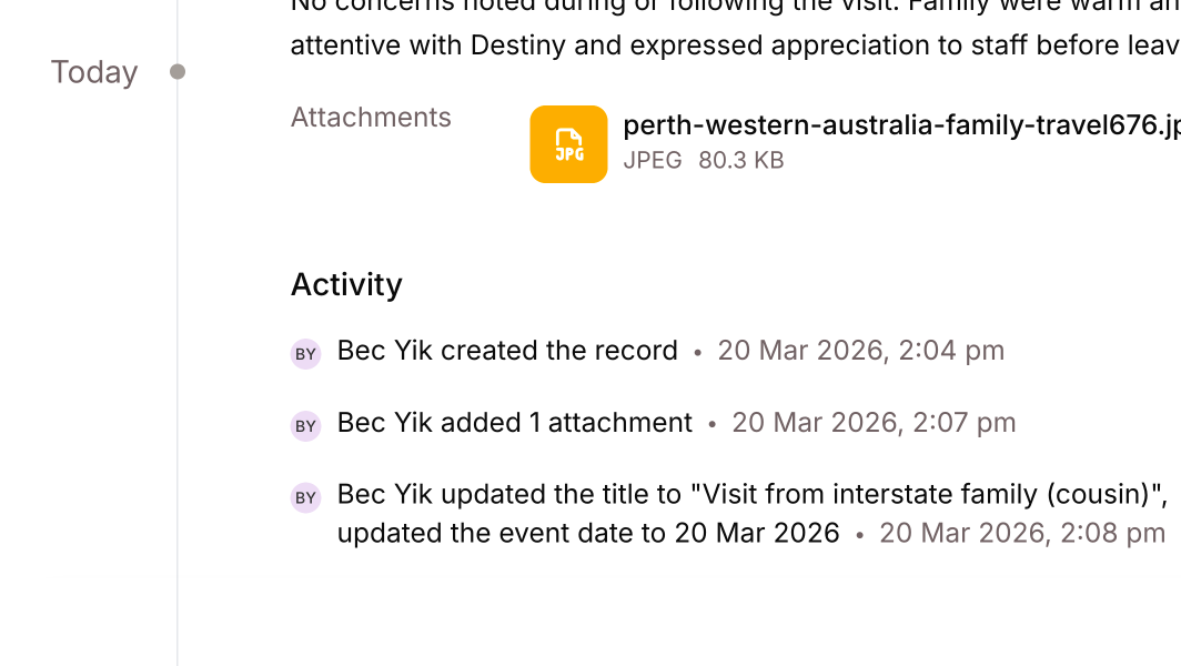 **Record version history** now appears in the activity timeline, showing what changed between each edit — including title, description, labels, event date, attachments, and field changes.